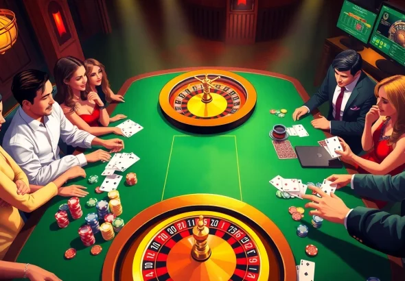 Experience the excitement of bästa utländska Casino with vibrant roulette action and colorful poker chips in an elegant setup.