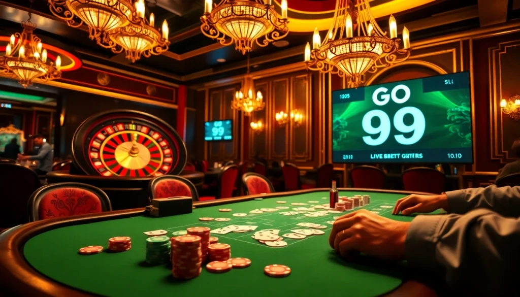 Experience the excitement at GO 99 with players in action at a poker table adorned with vibrant chips and cards.