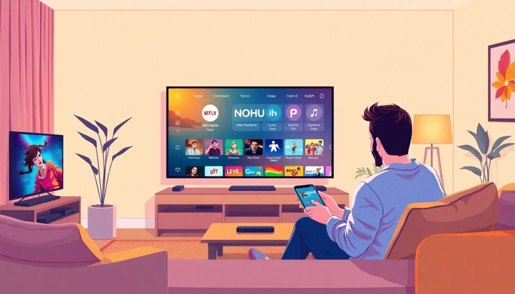 Engage with the NOHU IPTV platform on a sleek streaming device in a cozy living room.