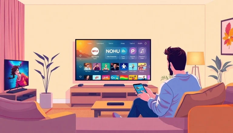 Engage with the NOHU IPTV platform on a sleek streaming device in a cozy living room.