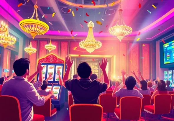 Celebrate the excitement of slot gacor with joyous players winning big at an online casino.