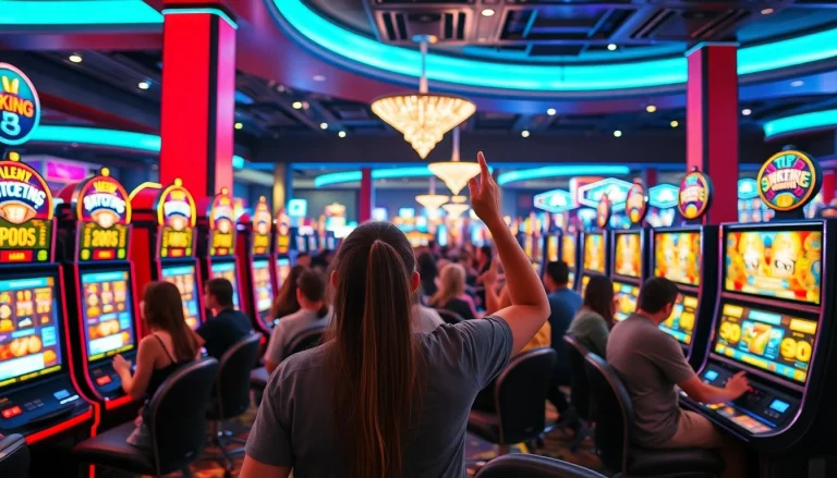 Players enjoy their time at utländska casino with bright slot machines and lively atmosphere.