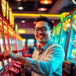 Pemain bahagia menikmati pengalaman "slot gacor" dalam suasana kasino yang meriah.