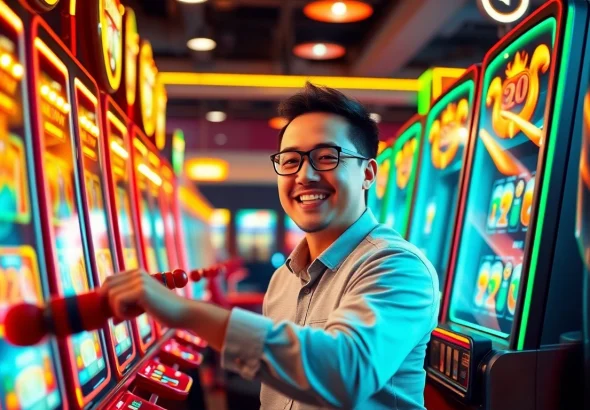 Pemain bahagia menikmati pengalaman "slot gacor" dalam suasana kasino yang meriah.
