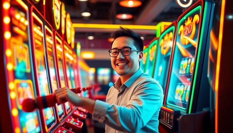 Pemain bahagia menikmati pengalaman "slot gacor" dalam suasana kasino yang meriah.
